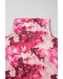 Rose Floral Mesh Flounce Sleeve Mock Neck Blouse - L