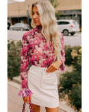 Rose Floral Mesh Flounce Sleeve Mock Neck Blouse - L