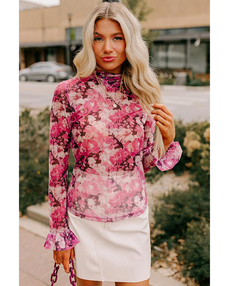 Rose Floral Mesh Flounce Sleeve Mock Neck Blouse - M