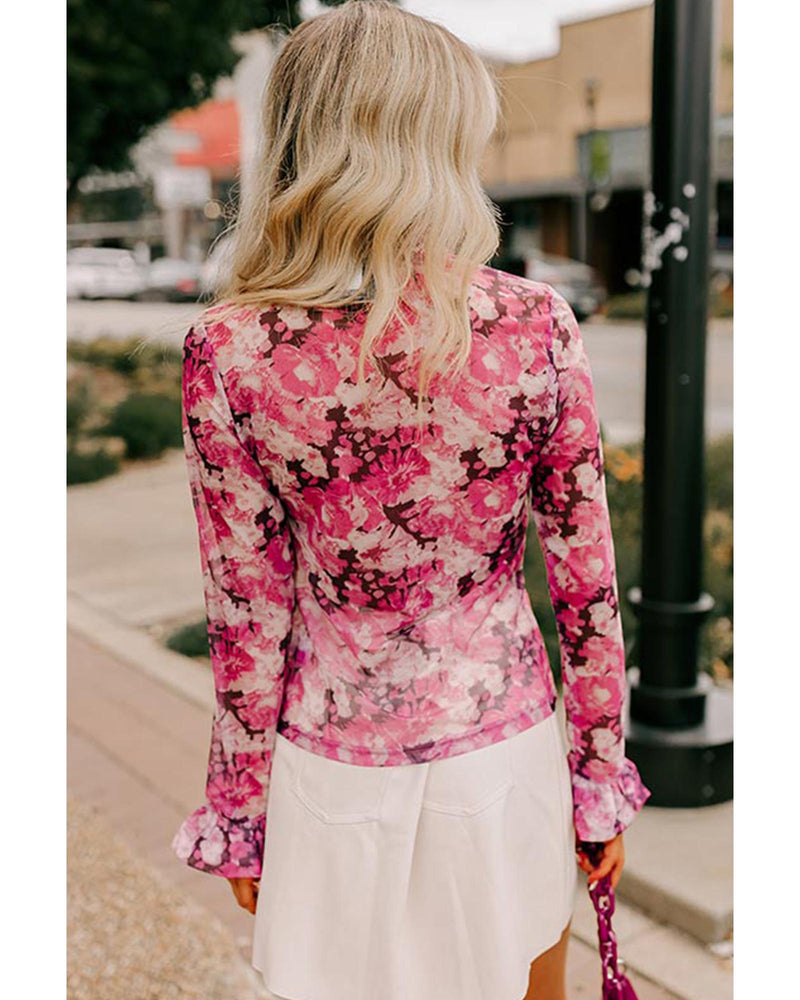 Rose Floral Mesh Flounce Sleeve Mock Neck Blouse - M