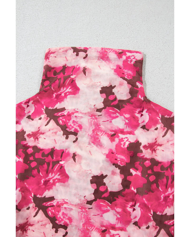 Rose Floral Mesh Flounce Sleeve Mock Neck Blouse - M