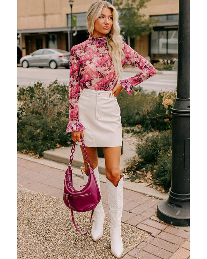 Rose Floral Mesh Flounce Sleeve Mock Neck Blouse - S