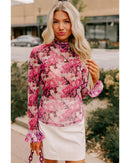 Rose Floral Mesh Flounce Sleeve Mock Neck Blouse - S