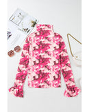 Rose Floral Mesh Flounce Sleeve Mock Neck Blouse - XL