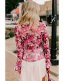 Rose Floral Mesh Flounce Sleeve Mock Neck Blouse - XL