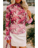 Rose Floral Mesh Flounce Sleeve Mock Neck Blouse - XL