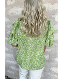 Light Green Floral Ruffle Puff Short Sleeve Frilled Collar V Neck Blouse - L
