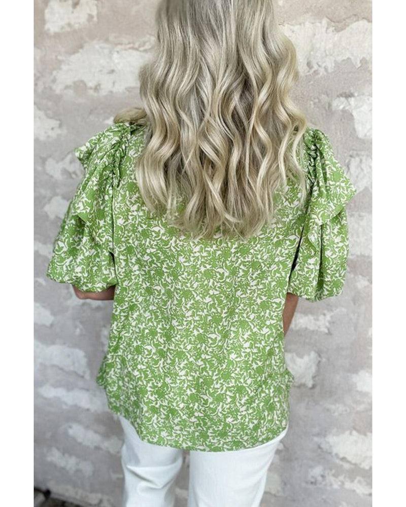 Light Green Floral Ruffle Puff Short Sleeve Frilled Collar V Neck Blouse - L