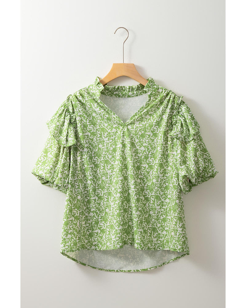 Light Green Floral Ruffle Puff Short Sleeve Frilled Collar V Neck Blouse - L