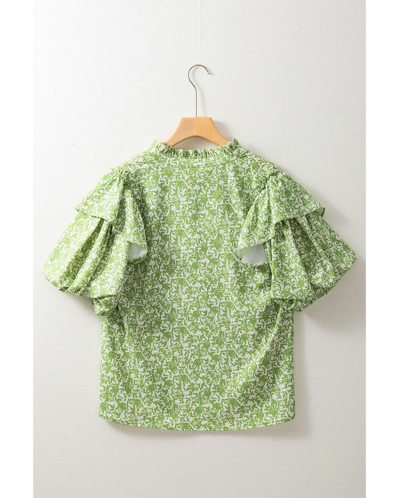 Light Green Floral Ruffle Puff Short Sleeve Frilled Collar V Neck Blouse - L