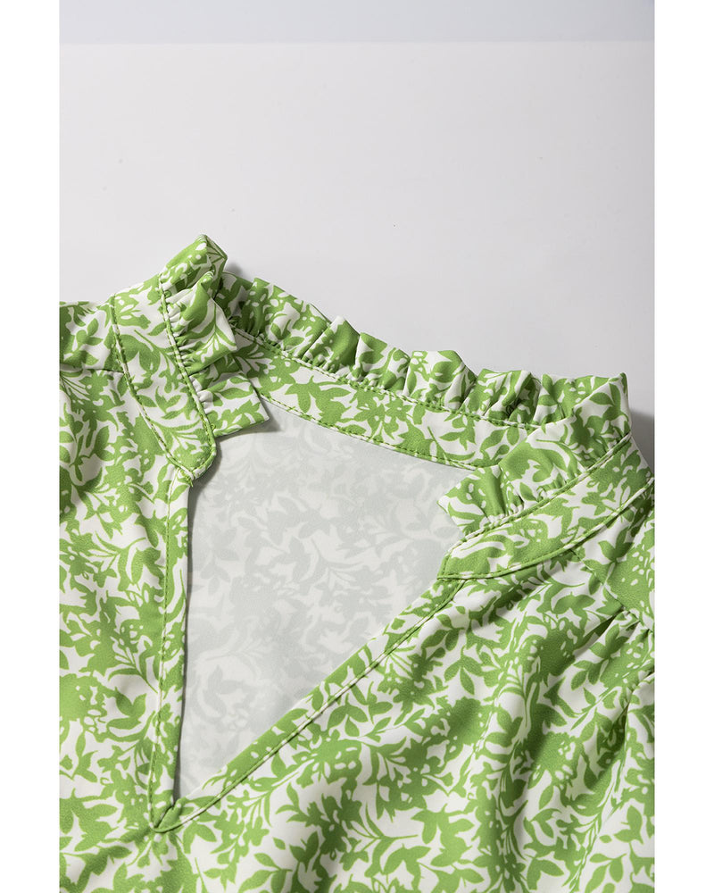 Light Green Floral Ruffle Puff Short Sleeve Frilled Collar V Neck Blouse - L