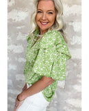 Light Green Floral Ruffle Puff Short Sleeve Frilled Collar V Neck Blouse - S