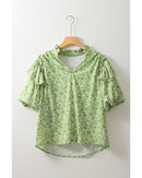 Light Green Floral Ruffle Puff Short Sleeve Frilled Collar V Neck Blouse - S