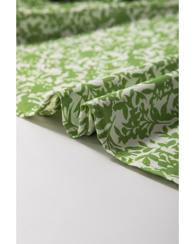 Light Green Floral Ruffle Puff Short Sleeve Frilled Collar V Neck Blouse - S