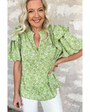 Light Green Floral Ruffle Puff Short Sleeve Frilled Collar V Neck Blouse - XL