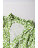 Light Green Floral Ruffle Puff Short Sleeve Frilled Collar V Neck Blouse - XL