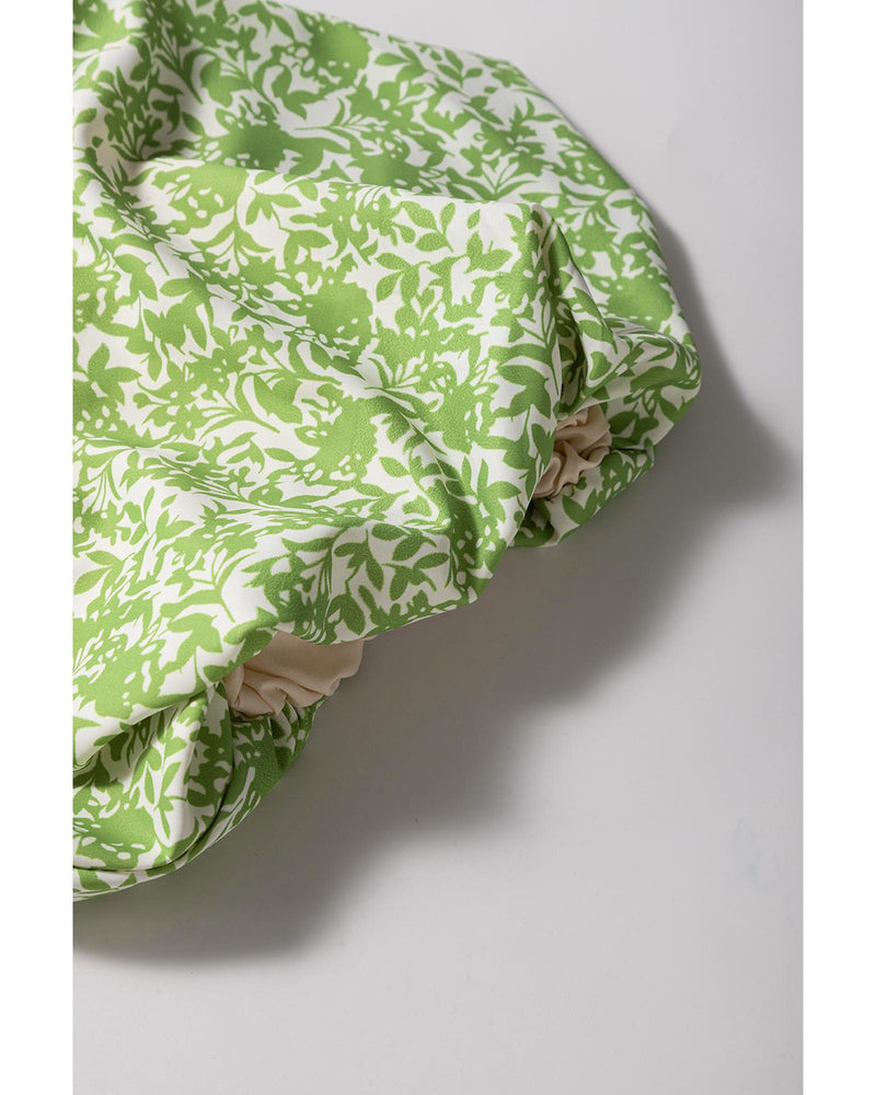 Light Green Floral Ruffle Puff Short Sleeve Frilled Collar V Neck Blouse - XL