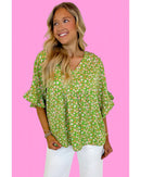 Green Floral Print Ruffle Sleeve V Neck Blouse Top - L