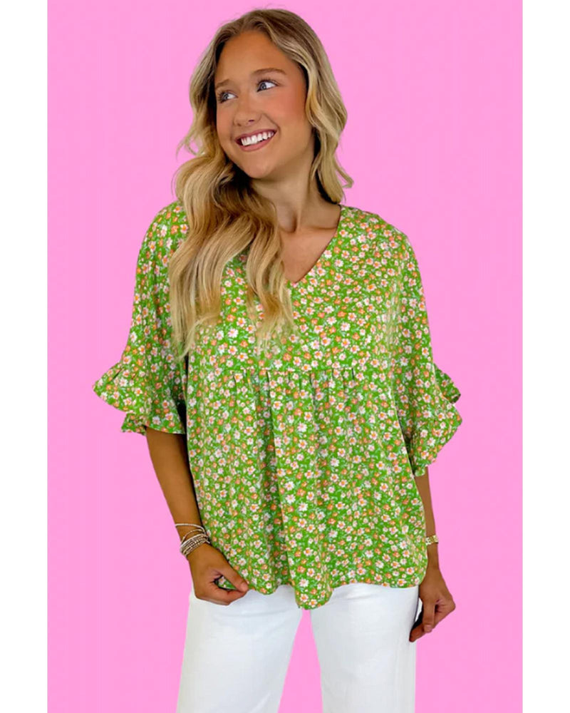 Green Floral Print Ruffle Sleeve V Neck Blouse Top - M