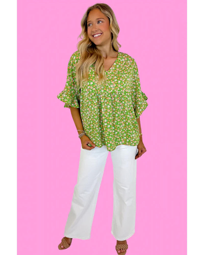 Green Floral Print Ruffle Sleeve V Neck Blouse Top - S