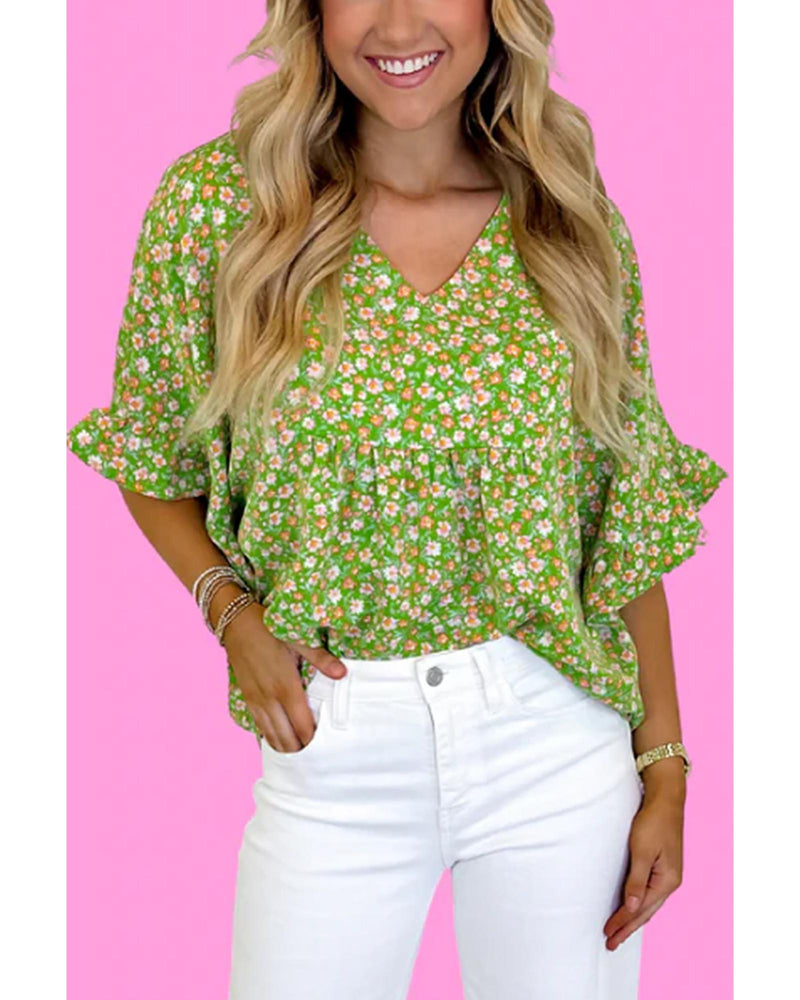 Green Floral Print Ruffle Sleeve V Neck Blouse Top - XL