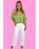 Green Floral Print Ruffle Sleeve V Neck Blouse Top - XL