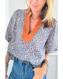 Ashleigh Blue Leopard Print Spot Contrast V Neck Half Puff Sleeve Shirt - XL