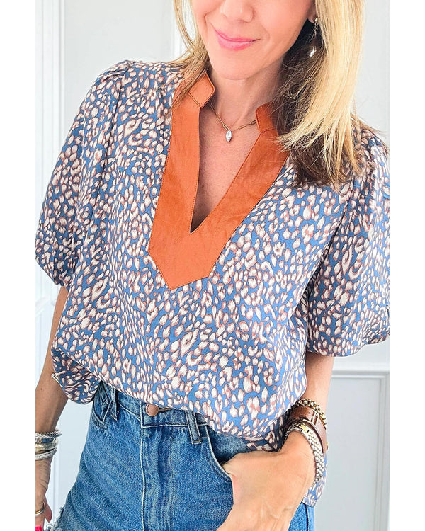 Ashleigh Blue Leopard Print Spot Contrast V Neck Half Puff Sleeve Shirt - XL
