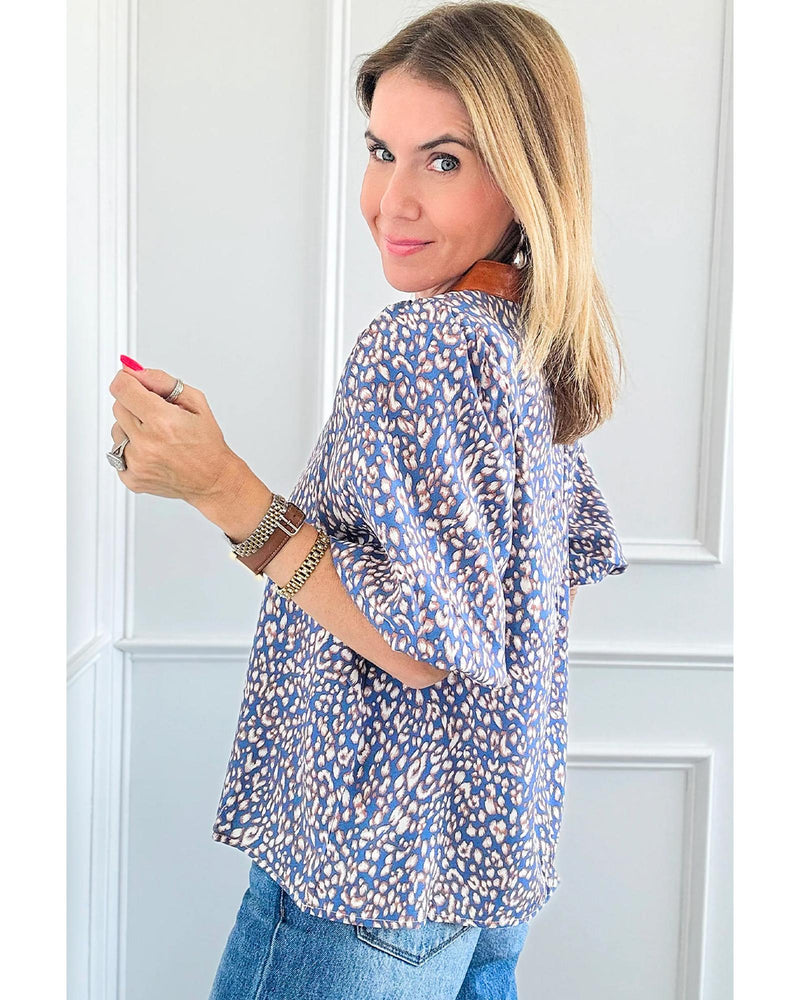 Ashleigh Blue Leopard Print Spot Contrast V Neck Half Puff Sleeve Shirt - XL
