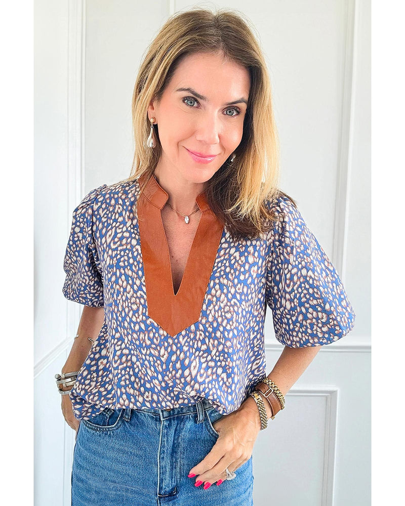 Ashleigh Blue Leopard Print Spot Contrast V Neck Half Puff Sleeve Shirt - XL