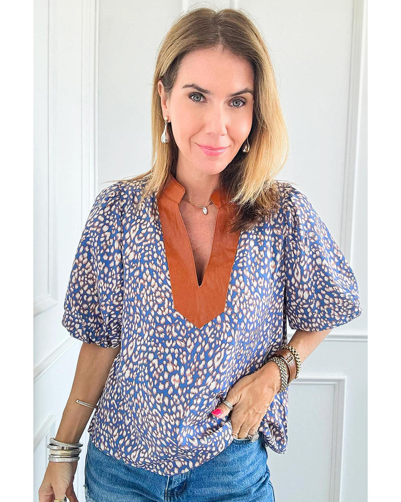 Ashleigh Blue Leopard Print Spot Contrast V Neck Half Puff Sleeve Shirt - XL