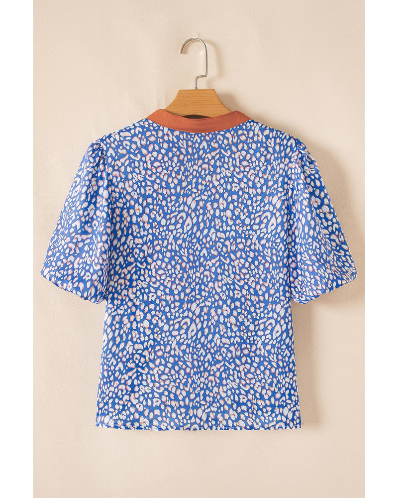 Ashleigh Blue Leopard Print Spot Contrast V Neck Half Puff Sleeve Shirt - XL