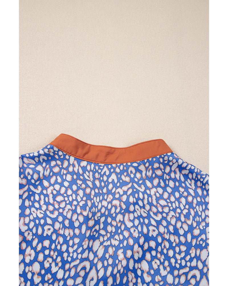 Ashleigh Blue Leopard Print Spot Contrast V Neck Half Puff Sleeve Shirt - XL