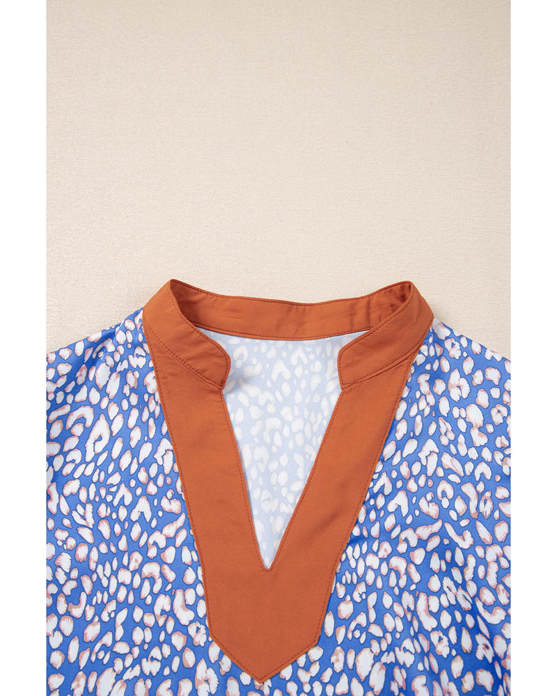 Ashleigh Blue Leopard Print Spot Contrast V Neck Half Puff Sleeve Shirt - XL