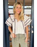 White Floral Ruffled Collar Short Puff Sleeve Printed Blouse - L