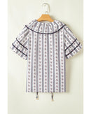 White Floral Ruffled Collar Short Puff Sleeve Printed Blouse - M