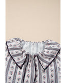 White Floral Ruffled Collar Short Puff Sleeve Printed Blouse - M