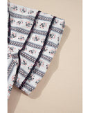 White Floral Ruffled Collar Short Puff Sleeve Printed Blouse - M