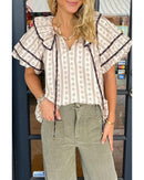 White Floral Ruffled Collar Short Puff Sleeve Printed Blouse - S