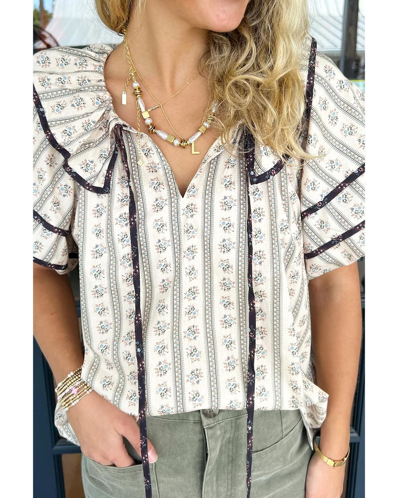 White Floral Ruffled Collar Short Puff Sleeve Printed Blouse - S