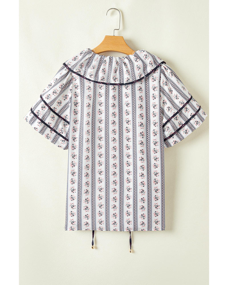White Floral Ruffled Collar Short Puff Sleeve Printed Blouse - S