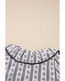 White Floral Ruffled Collar Short Puff Sleeve Printed Blouse - S