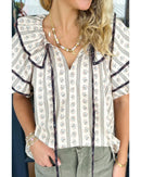 White Floral Ruffled Collar Short Puff Sleeve Printed Blouse - XL
