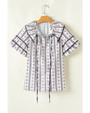 White Floral Ruffled Collar Short Puff Sleeve Printed Blouse - XL