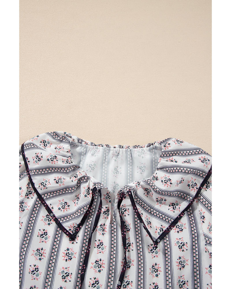 White Floral Ruffled Collar Short Puff Sleeve Printed Blouse - XL