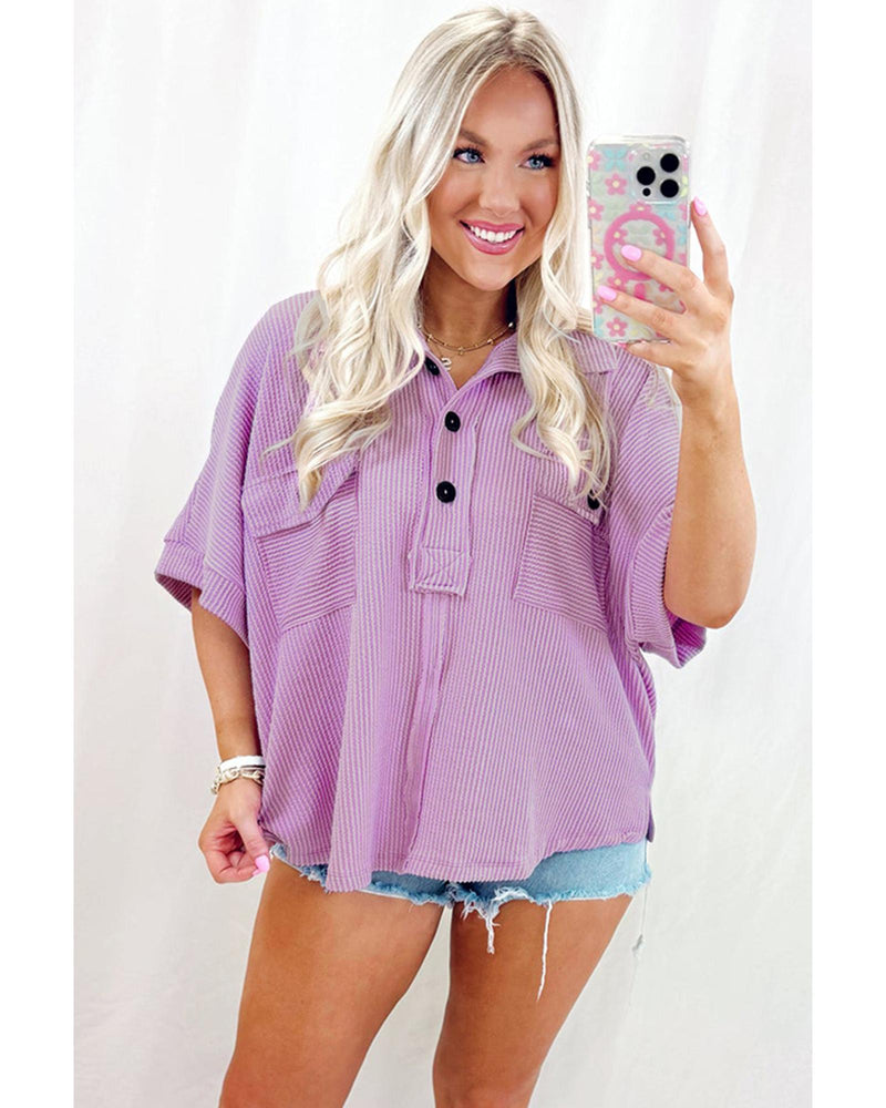 Orchid Bouquet Corded Flap Pocket Collared Buttoned Short Sleeve Blouse - L
