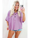 Orchid Bouquet Corded Flap Pocket Collared Buttoned Short Sleeve Blouse - M