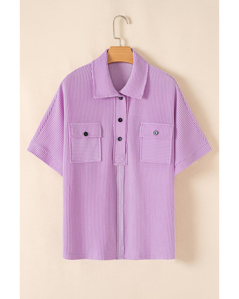 Orchid Bouquet Corded Flap Pocket Collared Buttoned Short Sleeve Blouse - M