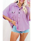 Orchid Bouquet Corded Flap Pocket Collared Buttoned Short Sleeve Blouse - S