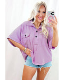 Orchid Bouquet Corded Flap Pocket Collared Buttoned Short Sleeve Blouse - S